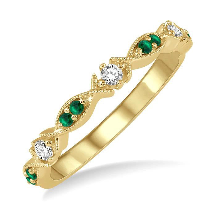 1.35 MM Round Cut Green Emerald and 1/10 Ctw Round Cut Diamond Precious Half Eternity Wedding Band in 14K Yellow Gold