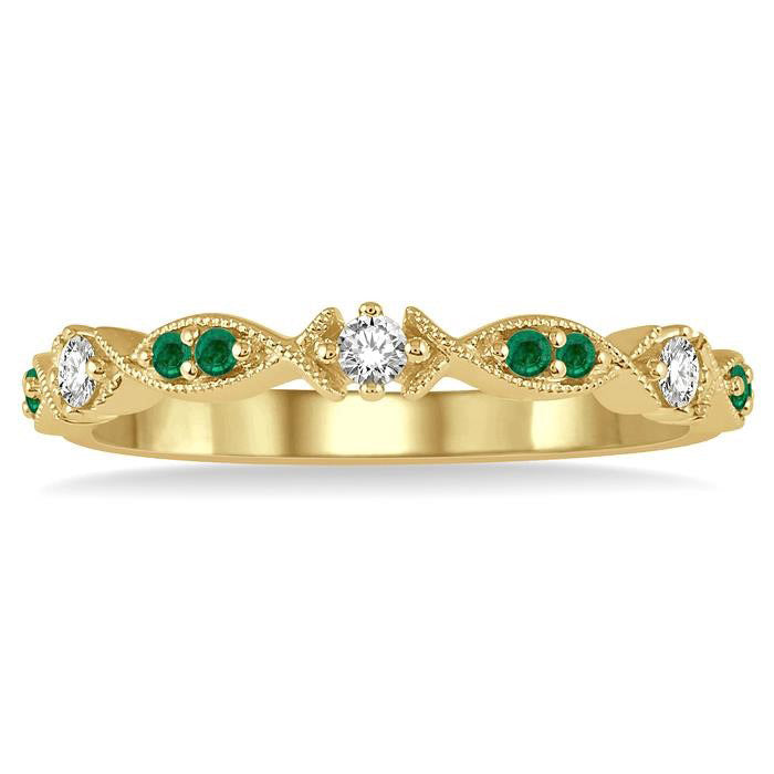 1.35 MM Round Cut Green Emerald and 1/10 Ctw Round Cut Diamond Precious Half Eternity Wedding Band in 14K Yellow Gold