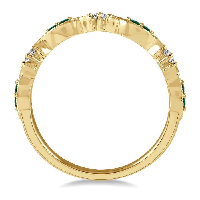 1.35 MM Round Cut Green Emerald and 1/10 Ctw Round Cut Diamond Precious Half Eternity Wedding Band in 14K Yellow Gold