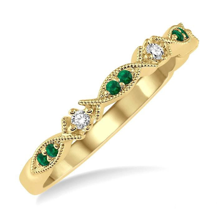 Round Cut Green Emerald and 1/20 Ctw Round Cut Diamond Precious Half Eternity Wedding Band in 14K Yellow Gold