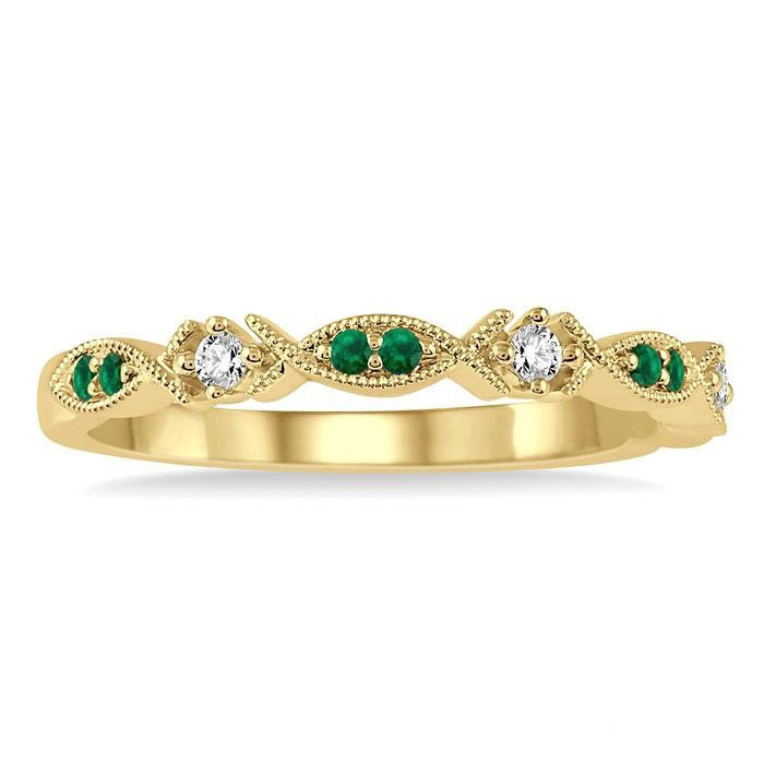 Round Cut Green Emerald and 1/20 Ctw Round Cut Diamond Precious Half Eternity Wedding Band in 14K Yellow Gold