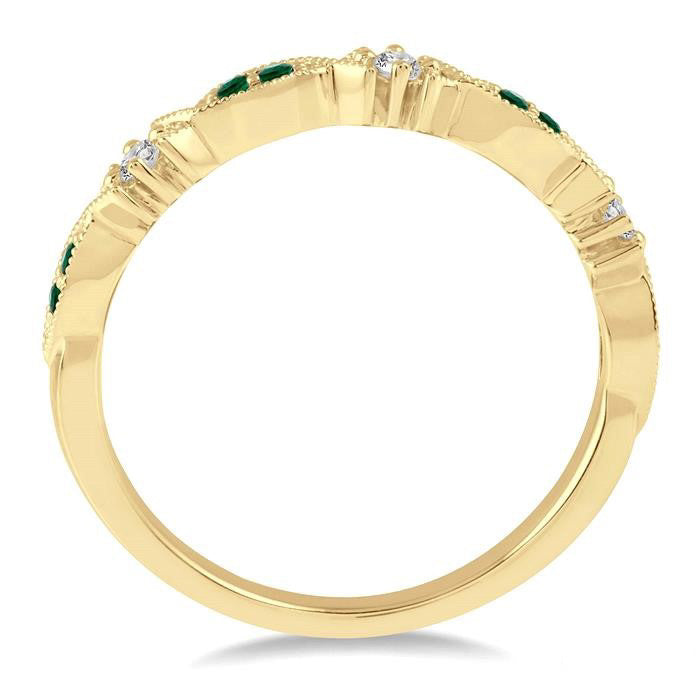 Round Cut Green Emerald and 1/20 Ctw Round Cut Diamond Precious Half Eternity Wedding Band in 14K Yellow Gold