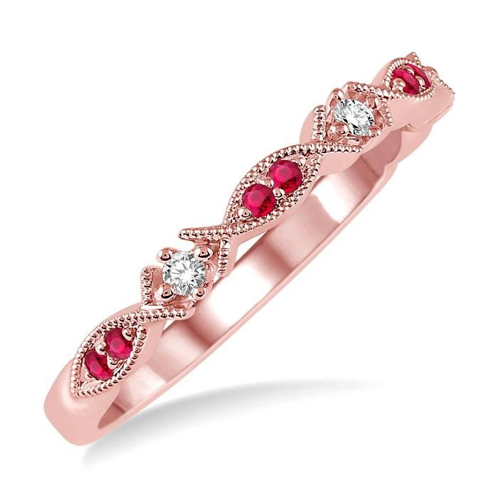 1.25 MM Round Cut Ruby and 1/20 Ctw Round Cut Diamond Precious Half Eternity Wedding Band in 14K Rose Gold
