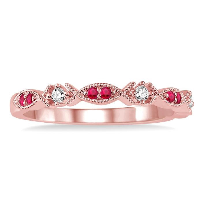 1.25 MM Round Cut Ruby and 1/20 Ctw Round Cut Diamond Precious Half Eternity Wedding Band in 14K Rose Gold
