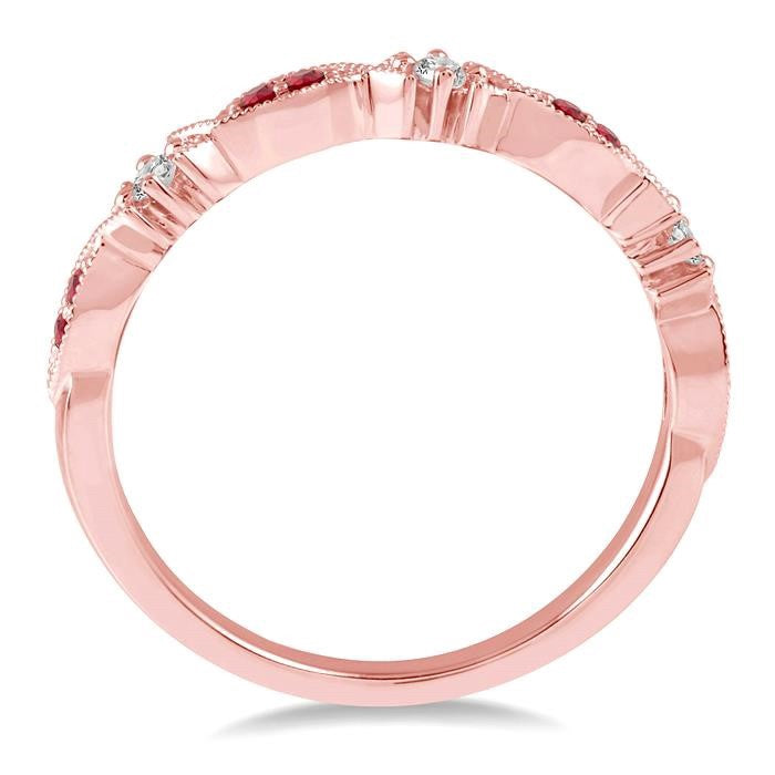 1.25 MM Round Cut Ruby and 1/20 Ctw Round Cut Diamond Precious Half Eternity Wedding Band in 14K Rose Gold