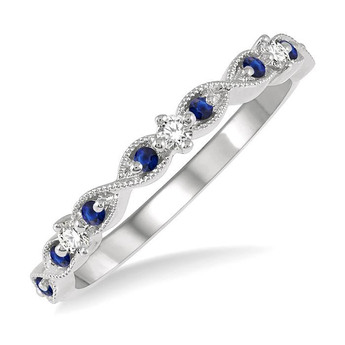 1.35 MM Sapphire and 1/10 Ctw Round Cut Diamond Precious Wedding Band in 14K White Gold