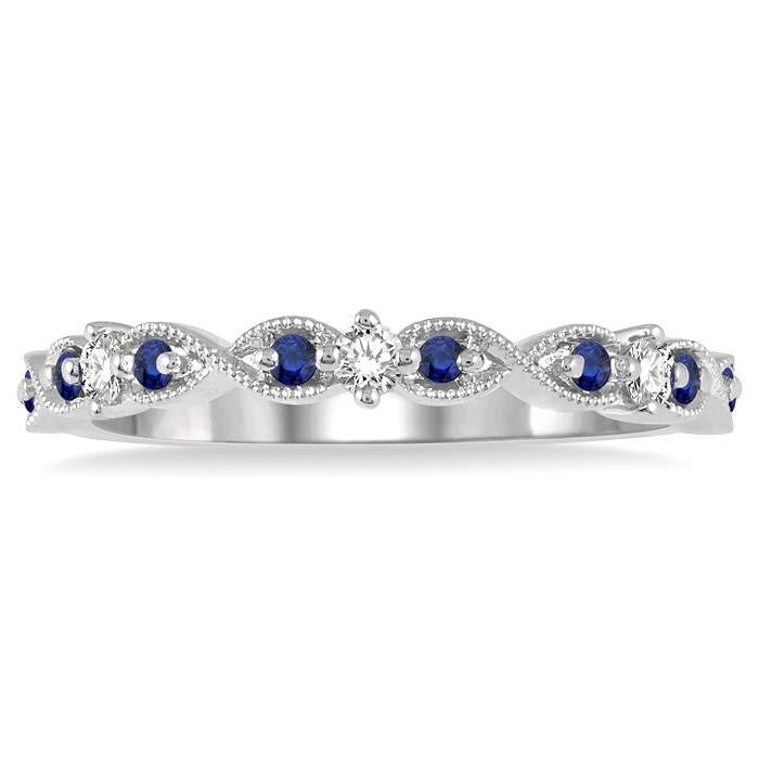 1.35 MM Sapphire and 1/10 Ctw Round Cut Diamond Precious Wedding Band in 14K White Gold