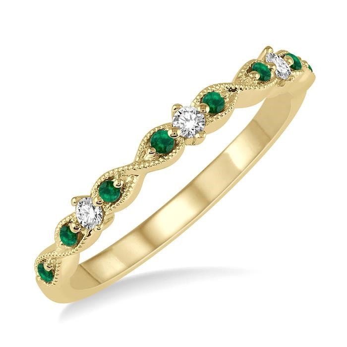 1.25 MM Emerald and 1/10 Ctw Round Cut Diamond Precious Wedding Band in 14K Yellow Gold