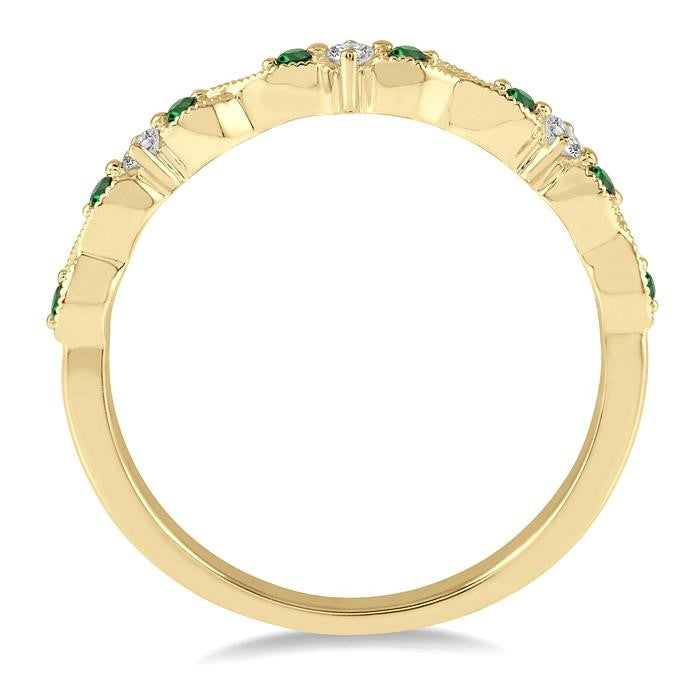 1.25 MM Emerald and 1/10 Ctw Round Cut Diamond Precious Wedding Band in 14K Yellow Gold