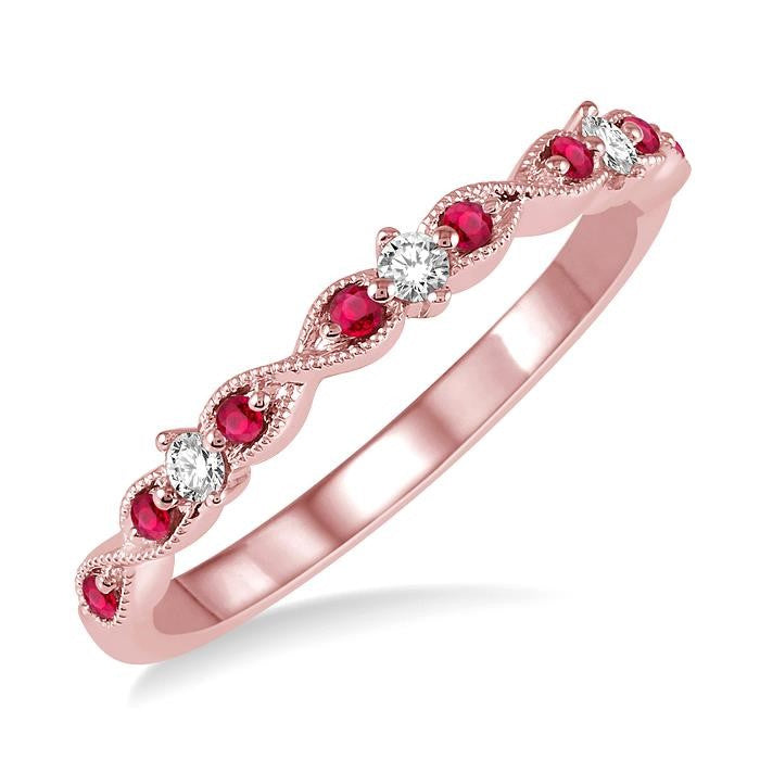1.25 MM Ruby and 1/10 Ctw Round Cut Diamond Precious Wedding Band in 14K Rose Gold