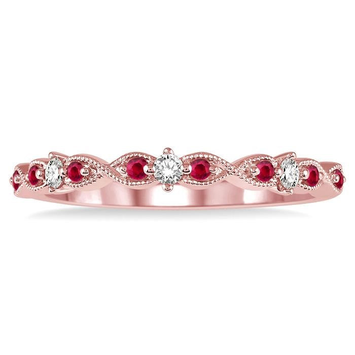 1.25 MM Ruby and 1/10 Ctw Round Cut Diamond Precious Wedding Band in 14K Rose Gold
