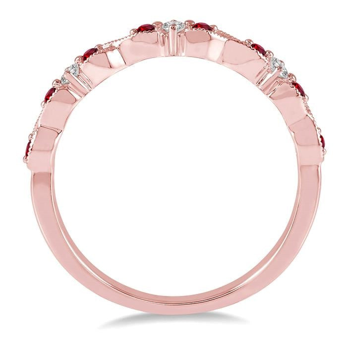 1.25 MM Ruby and 1/10 Ctw Round Cut Diamond Precious Wedding Band in 14K Rose Gold