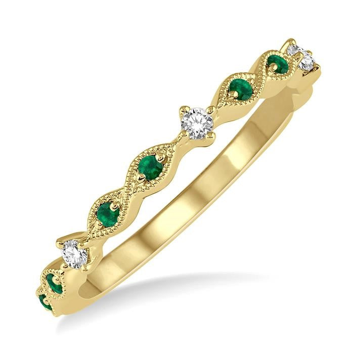 1.25 MM Round Cut Green Emerald and 1/20 Ctw Round Cut Diamond Precious Half Eternity Wedding Band in 14K Yellow Gold