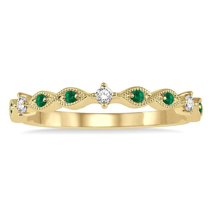 1.25 MM Round Cut Green Emerald and 1/20 Ctw Round Cut Diamond Precious Half Eternity Wedding Band in 14K Yellow Gold