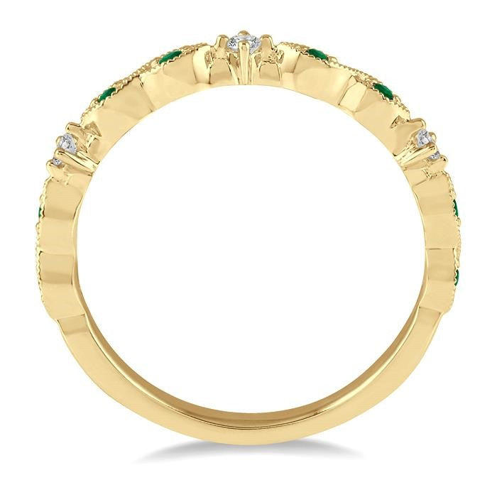 1.25 MM Round Cut Green Emerald and 1/20 Ctw Round Cut Diamond Precious Half Eternity Wedding Band in 14K Yellow Gold