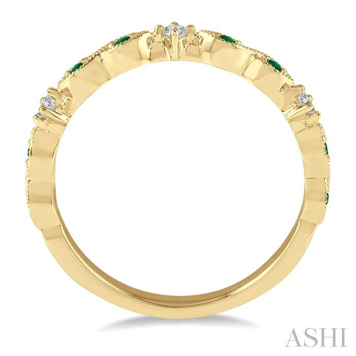 1.25 MM Round Cut Green Emerald and 1/20 Ctw Round Cut Diamond Precious Half Eternity Wedding Band in 14K Yellow Gold