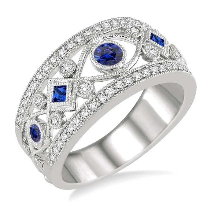 1/3 Ctw Round Cut Diamond and Princess & Round Cut Sapphire Precious Band in 14K White Gold