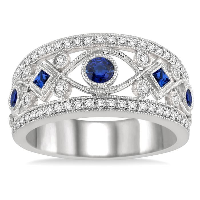 1/3 Ctw Round Cut Diamond and Princess & Round Cut Sapphire Precious Band in 14K White Gold