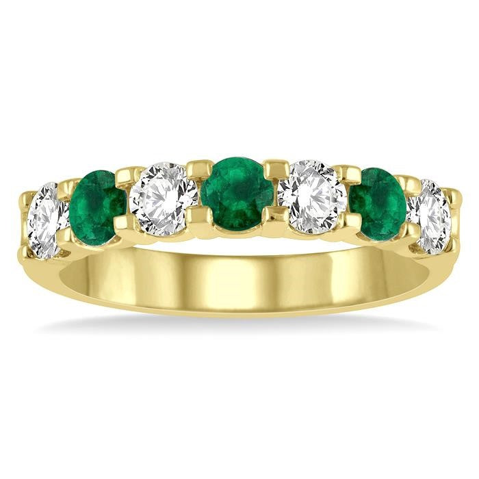 3.3 MM Emerald and 1/2 Ctw Round Cut Diamond Precious Wedding Band in 14K Yellow Gold