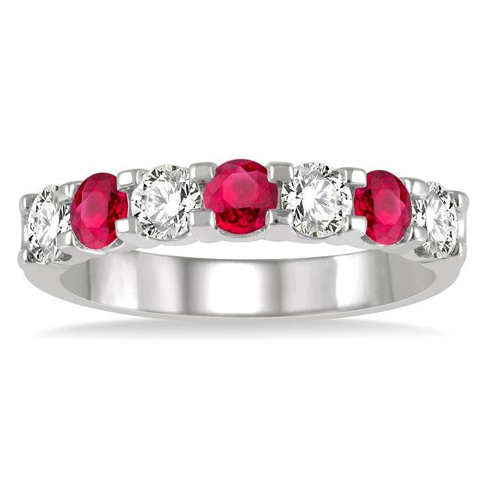 3.3 MM Ruby and 1/2 Ctw Round Cut Diamond Precious Wedding Band in 14K White Gold