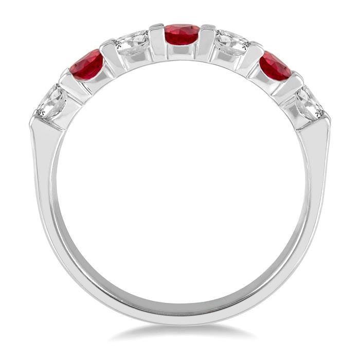 3.3 MM Ruby and 1/2 Ctw Round Cut Diamond Precious Wedding Band in 14K White Gold