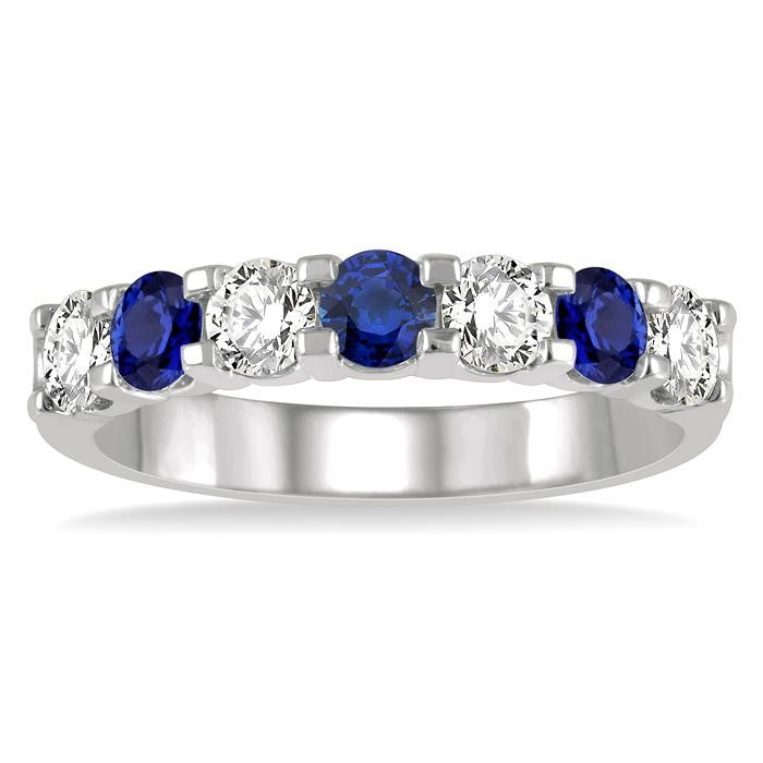3.3 MM Sapphire and 1/2 Ctw Round Cut Diamond Precious Wedding Band in 14K White Gold