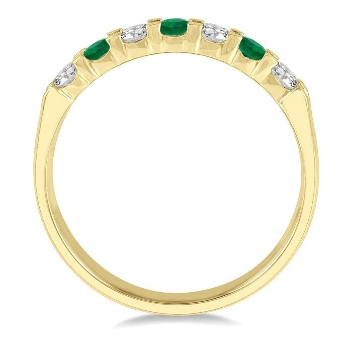 3 MM Emerald and 3/8 Ctw Round Cut Diamond Precious Wedding Band in 14K Yellow Gold