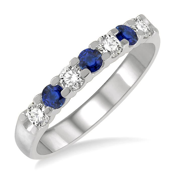 3 MM Sapphire and 3/8 Ctw Round Cut Diamond Precious Wedding Band in 14K White Gold