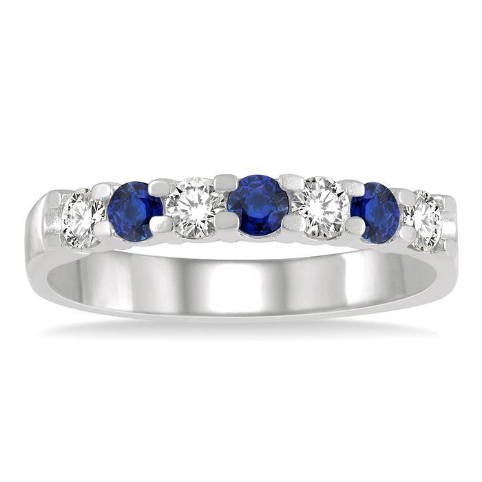 3 MM Sapphire and 3/8 Ctw Round Cut Diamond Precious Wedding Band in 14K White Gold