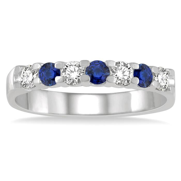 2.6 MM Sapphire and 1/4 Ctw Round Cut Diamond Precious Wedding Band in 14K White Gold