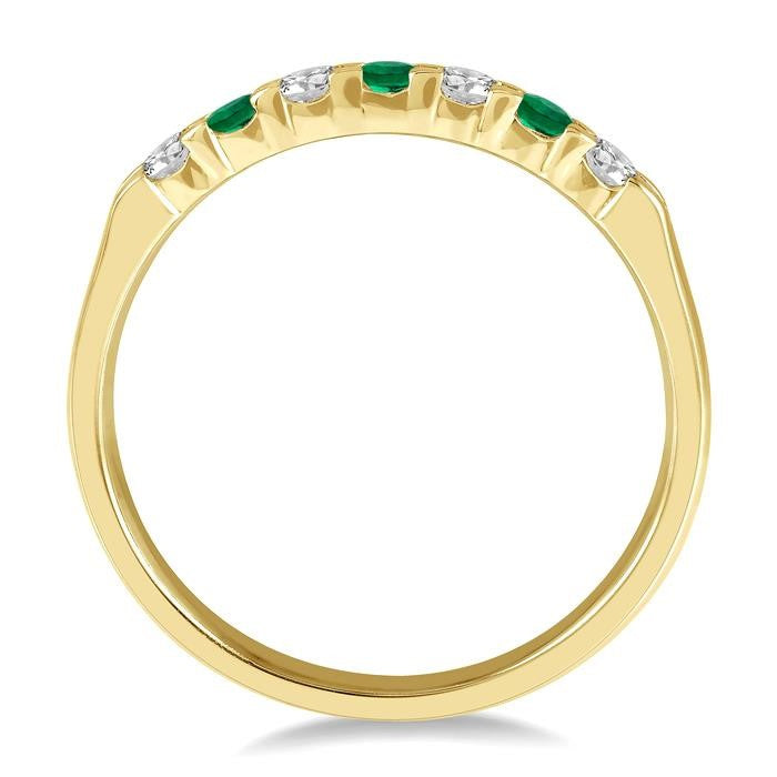 2.3 MM Emerald and 1/5 Ctw Round Cut Diamond Precious Wedding Band in 14K Yellow Gold