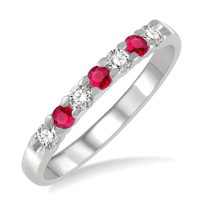 2.3 MM Ruby and 1/5 Ctw Round Cut Diamond Precious Wedding Band in 14K White Gold