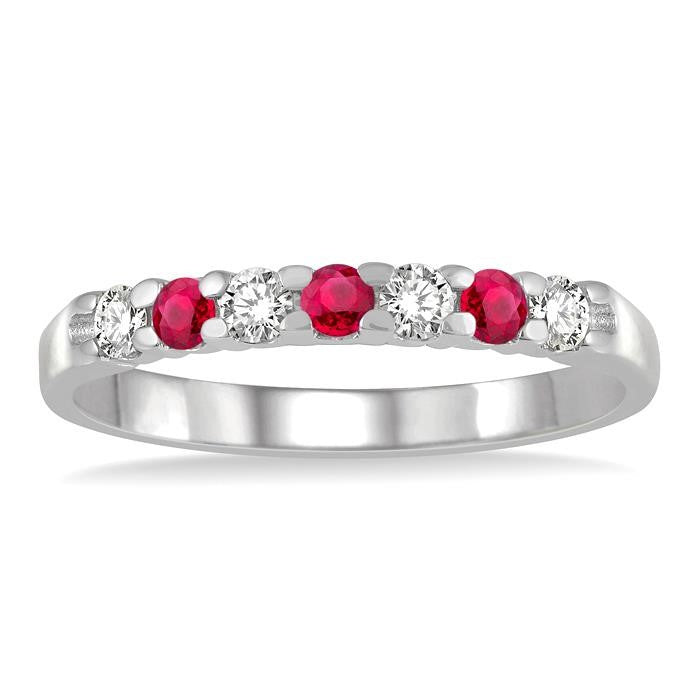 2.3 MM Ruby and 1/5 Ctw Round Cut Diamond Precious Wedding Band in 14K White Gold