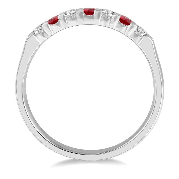 2.3 MM Ruby and 1/5 Ctw Round Cut Diamond Precious Wedding Band in 14K White Gold