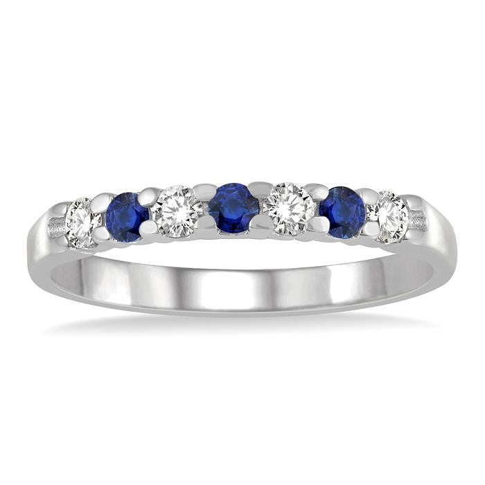 2.3 MM Sapphire and 1/5 Ctw Round Cut Diamond Precious Wedding Band in 14K White Gold