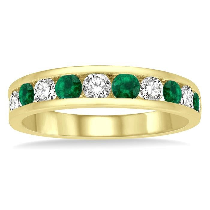 2.9 MM Emerald and 1/2 Ctw Round Cut Diamond Precious Wedding Band in 14K Yellow Gold