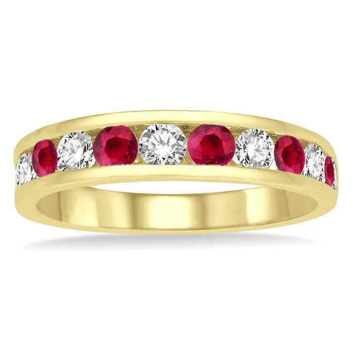 2.9 MM Round Shape Ruby and 1/2 Ctw Round Cut Diamond Precious Wedding Band in 14K Yellow Gold