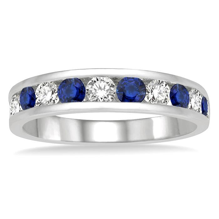 2.9 MM Sapphire and 1/2 Ctw Round Cut Diamond Precious Wedding Band in 14K White Gold