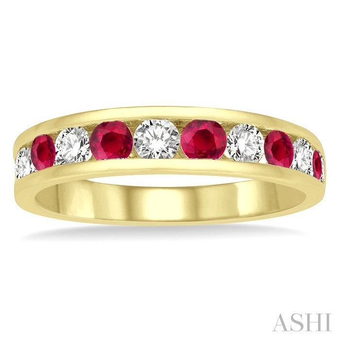 2.9 MM Round Shape Ruby and 1/2 Ctw Round Cut Diamond Precious Wedding Band in 14K Yellow Gold