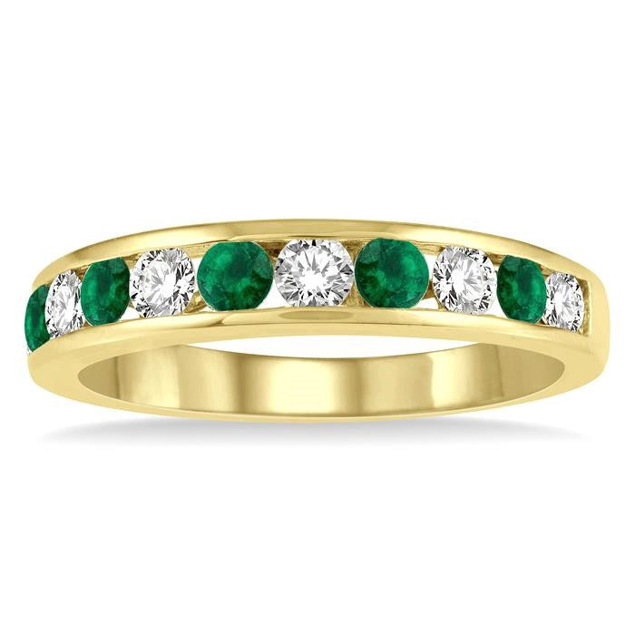 2.6 MM Emerald and 3/8 Ctw Round Cut Diamond Precious Wedding Band in 14K Yellow Gold