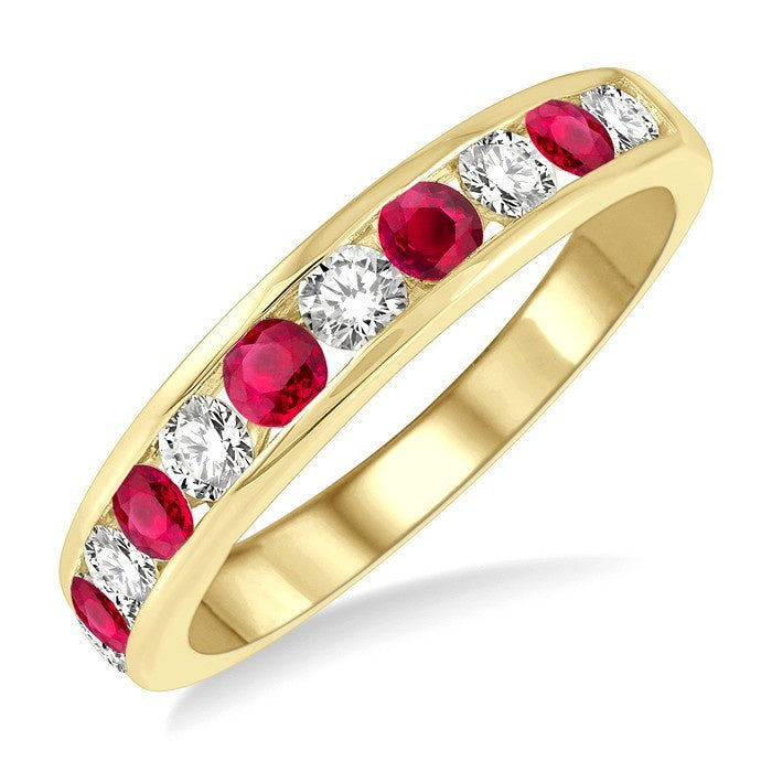 2.6 MM Round Shape Ruby and 3/8 Ctw Round Cut Diamond Precious Wedding Band in 14K Yellow Gold