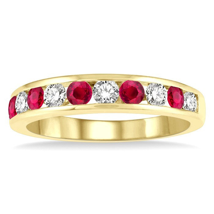 2.6 MM Round Shape Ruby and 3/8 Ctw Round Cut Diamond Precious Wedding Band in 14K Yellow Gold