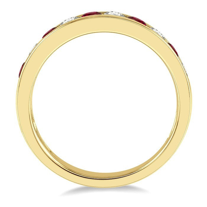 2.6 MM Round Shape Ruby and 3/8 Ctw Round Cut Diamond Precious Wedding Band in 14K Yellow Gold