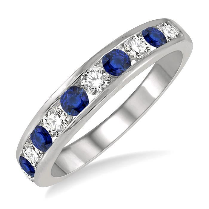 2.6 MM Sapphire and 3/8 Ctw Round Cut Diamond Precious Wedding Band in 14K White Gold