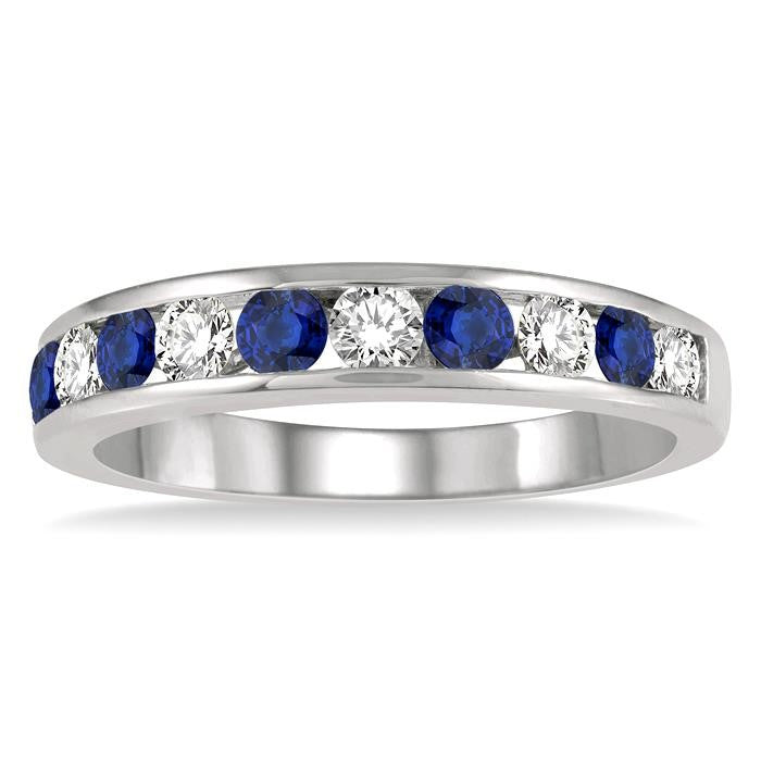 2.6 MM Sapphire and 3/8 Ctw Round Cut Diamond Precious Wedding Band in 14K White Gold