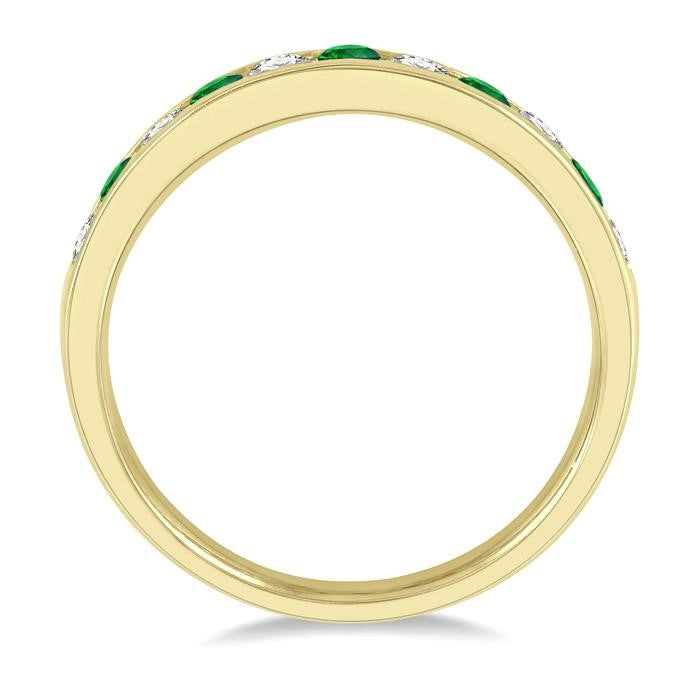 2.3 MM Emerald and 1/4 Ctw Round Cut Diamond Precious Wedding Band in 14K Yellow Gold