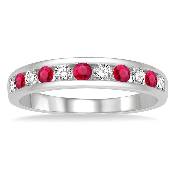 2.3 MM Ruby and 1/4 Ctw Round Cut Diamond Precious Wedding Band in 14K White Gold