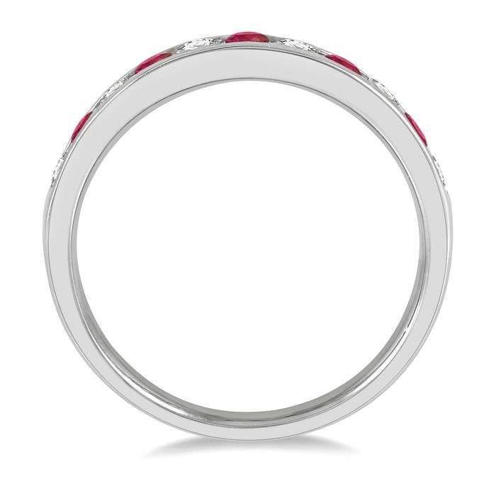 2.3 MM Ruby and 1/4 Ctw Round Cut Diamond Precious Wedding Band in 14K White Gold