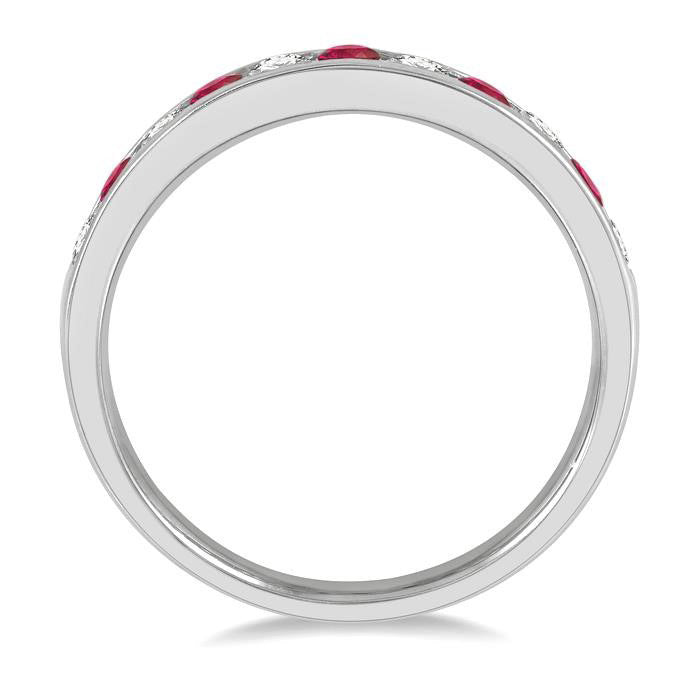 2.3 MM Ruby and 1/4 Ctw Round Cut Diamond Precious Wedding Band in 14K White Gold