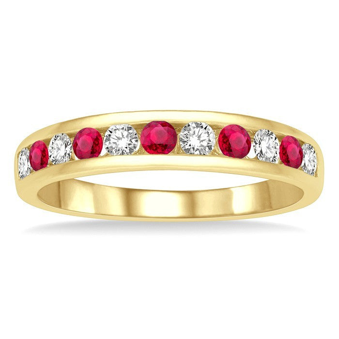 2.3 MM Round Shape Ruby and 1/4 Ctw Round Cut Diamond Precious Wedding Band in 14K Yellow Gold